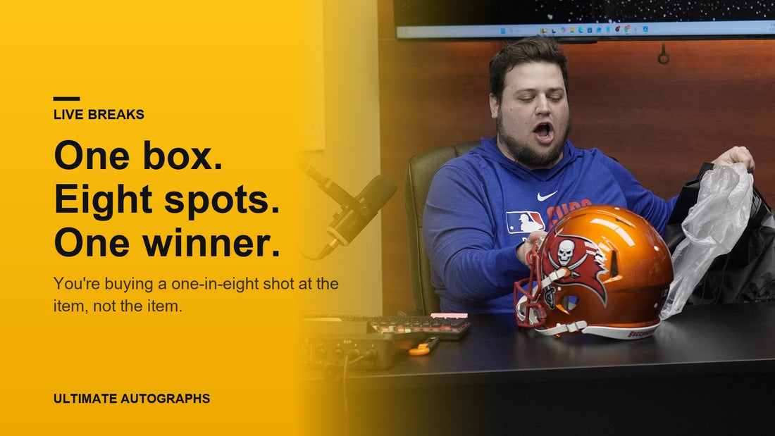Ultimate Autographs breaker pulling a signed Buccaneers helmet out of a box on a live stream