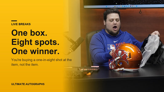 Ultimate Autographs breaker pulling a signed Buccaneers helmet out of a box on a live stream