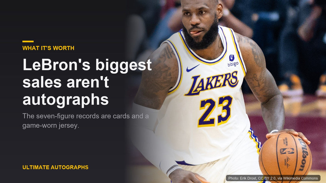 LeBron James dribbling in a Lakers jersey beside the headline: LeBron's biggest sales aren't autographs