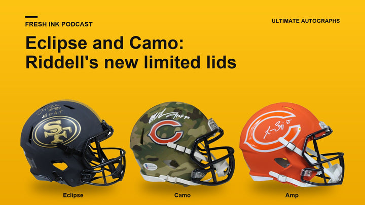 Signed Riddell Eclipse, Camo and Amp helmets in a row