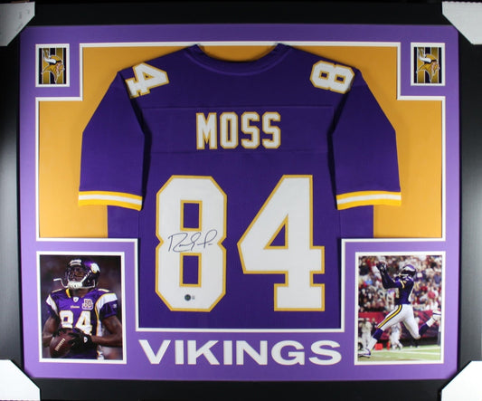 Signed Randy Moss jersey in a custom display frame