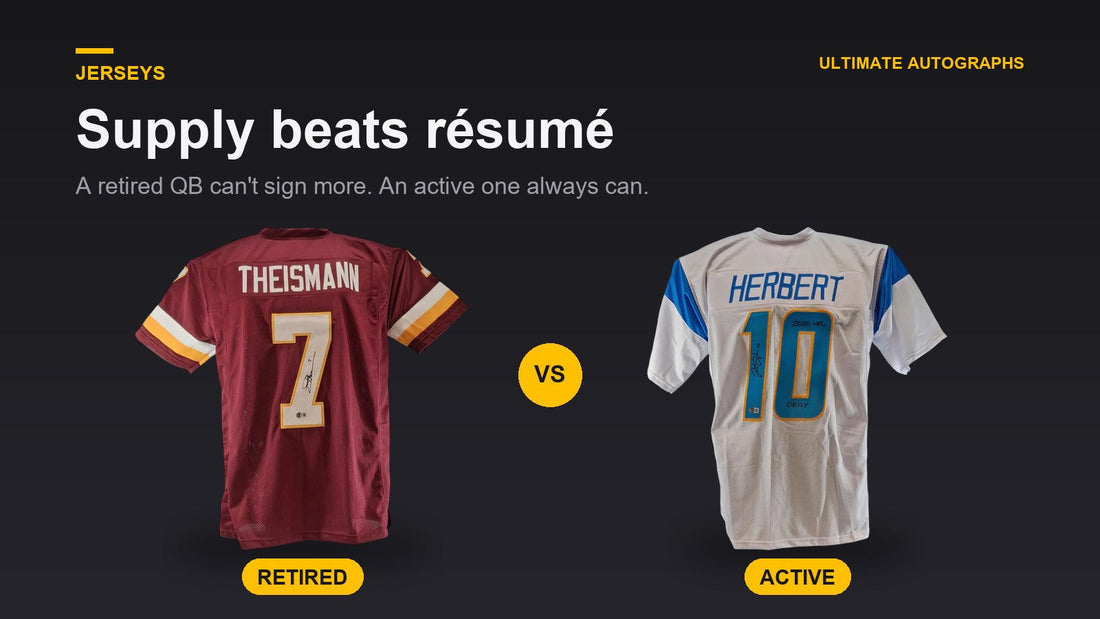 Signed Joe Theismann jersey labeled retired next to a signed Justin Herbert jersey labeled active