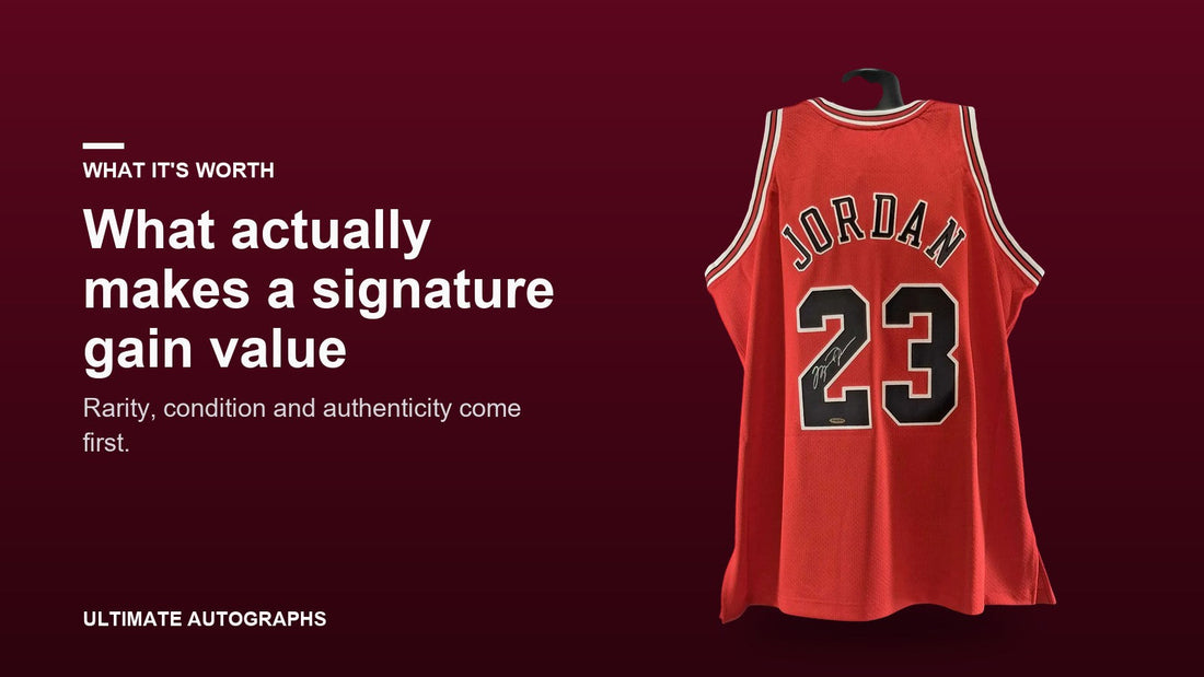 Signed Michael Jordan Chicago Bulls jersey beside the headline: What actually makes a signature gain value