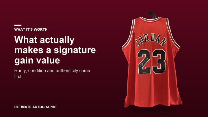 Signed Michael Jordan Chicago Bulls jersey beside the headline: What actually makes a signature gain value