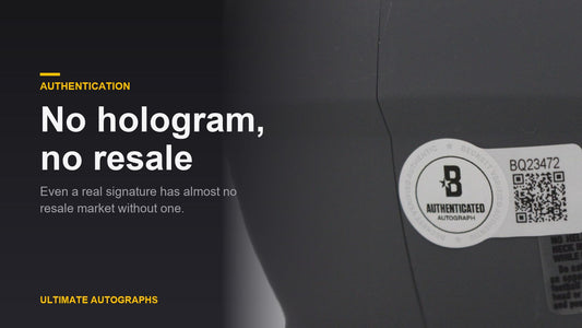 Close-up of a Beckett authentication hologram with serial number and QR code on a signed mini helmet