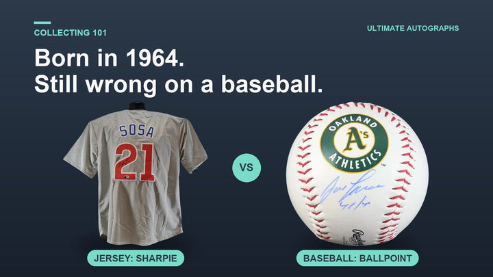 Sammy Sosa jersey signed in Sharpie next to a Jose Canseco baseball signed in ballpoint