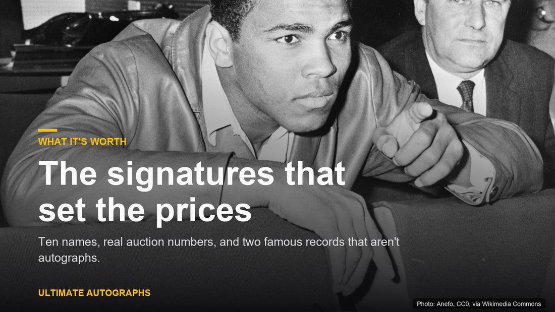 Black and white 1966 photo of Muhammad Ali beside the headline: The signatures that set the prices