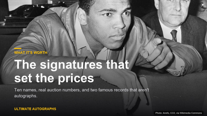 Black and white 1966 photo of Muhammad Ali beside the headline: The signatures that set the prices