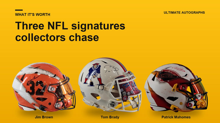 Signed full-size helmets from Jim Brown, Tom Brady and Patrick Mahomes in a row