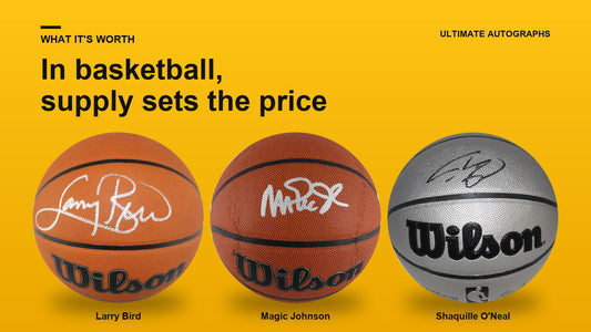 Signed basketballs from Larry Bird, Magic Johnson and Shaquille O'Neal in a row
