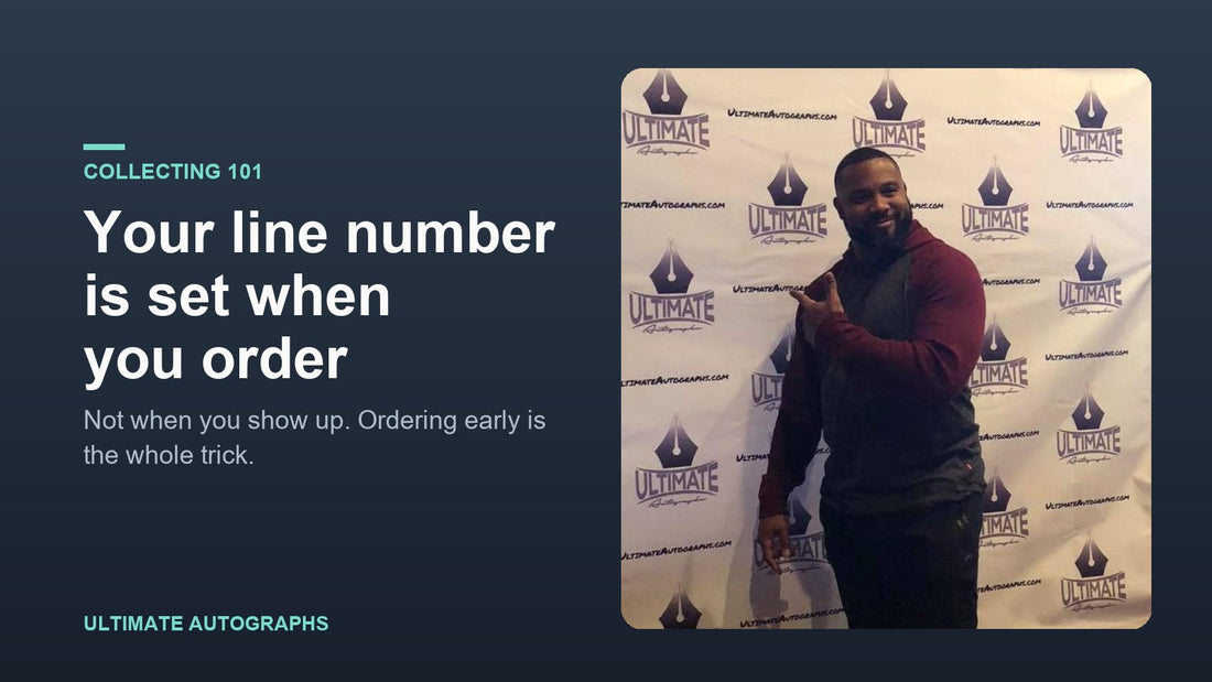 Athlete posing at the Ultimate Autographs backdrop during a signing event