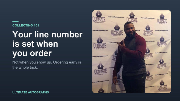 Athlete posing at the Ultimate Autographs backdrop during a signing event