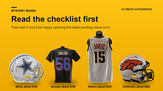 Signed mini helmet, football jersey, basketball jersey and authentic helmet, one from each mystery box series, with approximate series prices