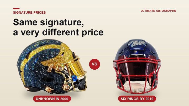 Two Tom Brady signed helmets, Michigan and New England, under the headline: Same signature, a very different price