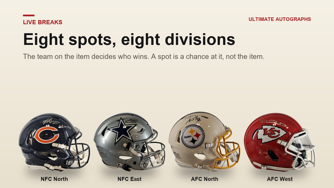 Four signed helmets labeled by NFL division: Bears NFC North, Cowboys NFC East, Steelers AFC North, Chiefs AFC West
