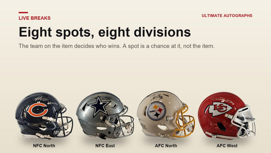 Four signed helmets labeled by NFL division: Bears NFC North, Cowboys NFC East, Steelers AFC North, Chiefs AFC West