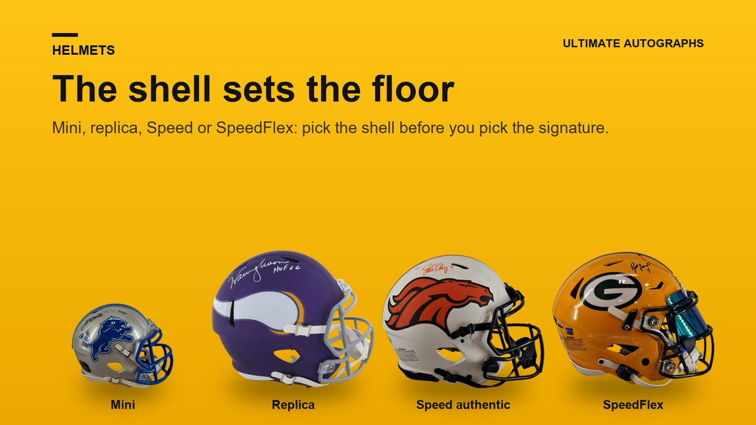 Signed mini, Speed replica, Speed authentic and SpeedFlex football helmets side by side
