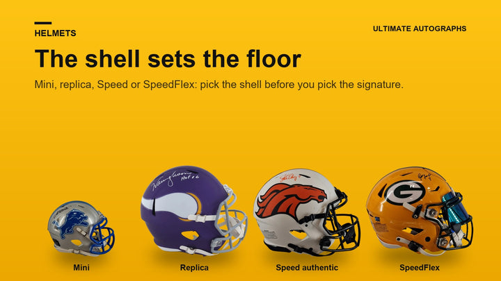 Signed mini, Speed replica, Speed authentic and SpeedFlex football helmets side by side