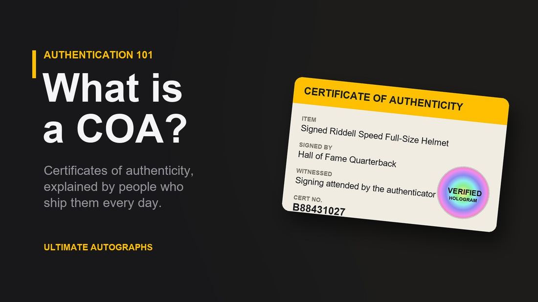 Certificate of authenticity card with a serial-numbered hologram for a signed sports item