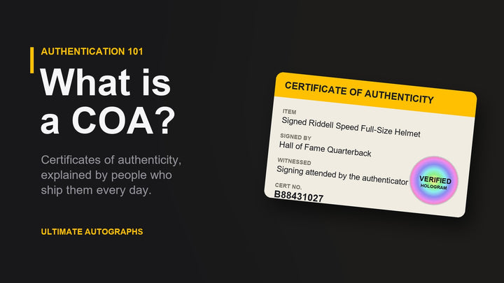Certificate of authenticity card with a serial-numbered hologram for a signed sports item