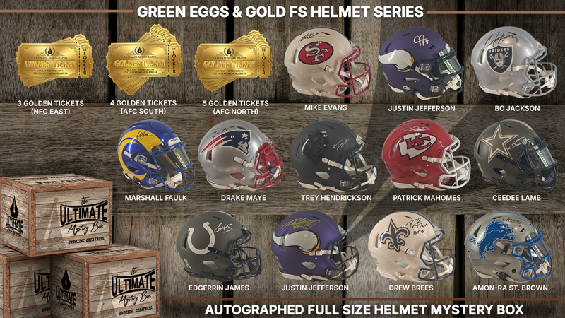 Green Eggs and Gold Autographed Full-Size Authentic and Replica Helmet Live Break Series