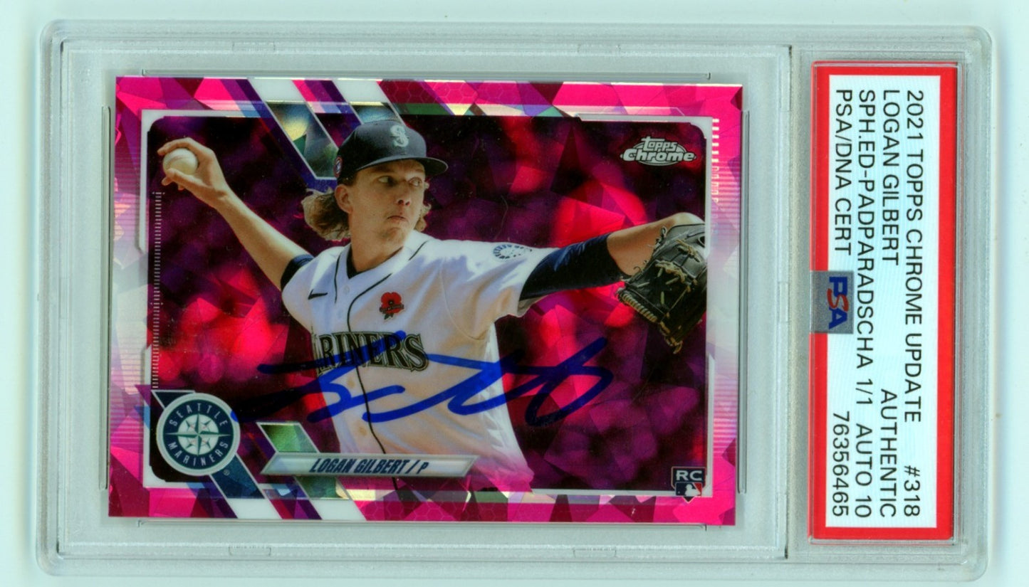 Logan Gilbert Signed 2021 Topps Chrome Sapphire Padparadscha RC 1/1 PSA 10