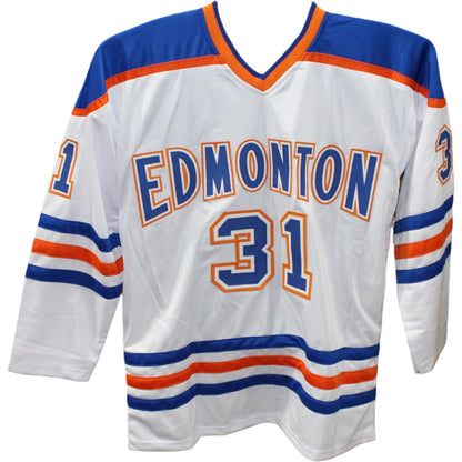 Grant Fuhr Signed Pro Style Jersey with "HOF" Inscription JSA