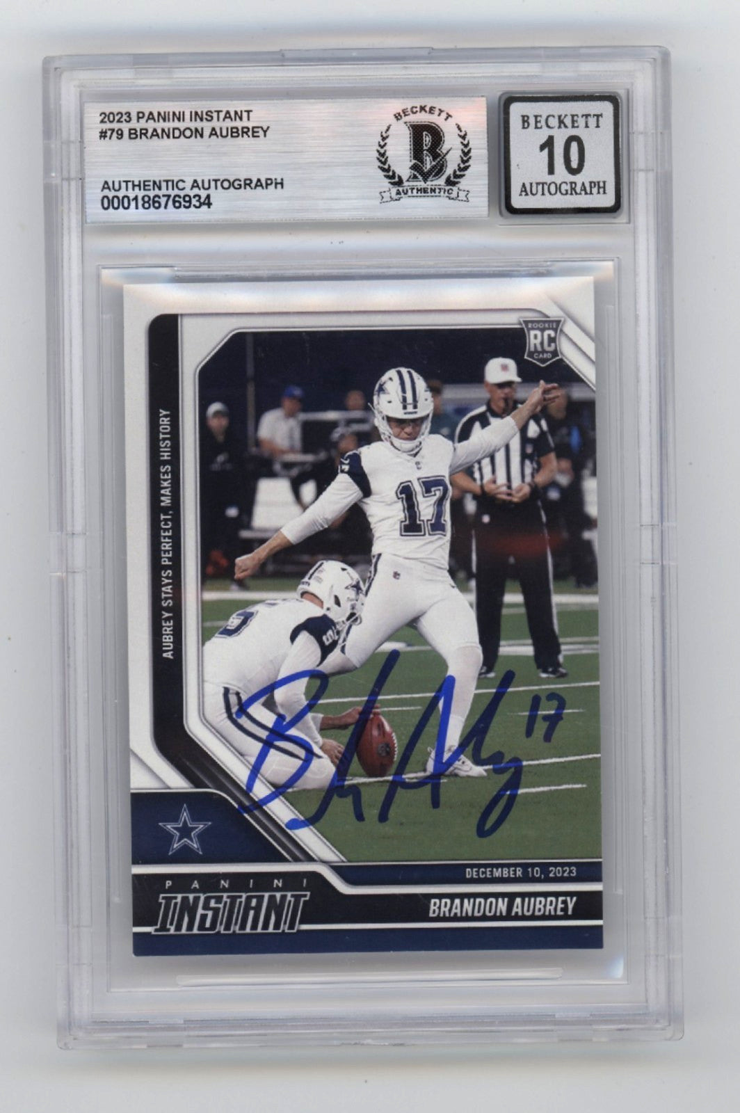 Brandon Aubrey Autographed 2023 Panini Instant Rookie Card BGS 10 Auto