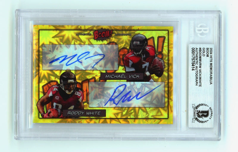 Michael Vick & Roddy White Dual Signed 2024 BOOM Gold Card #7/10 BGS