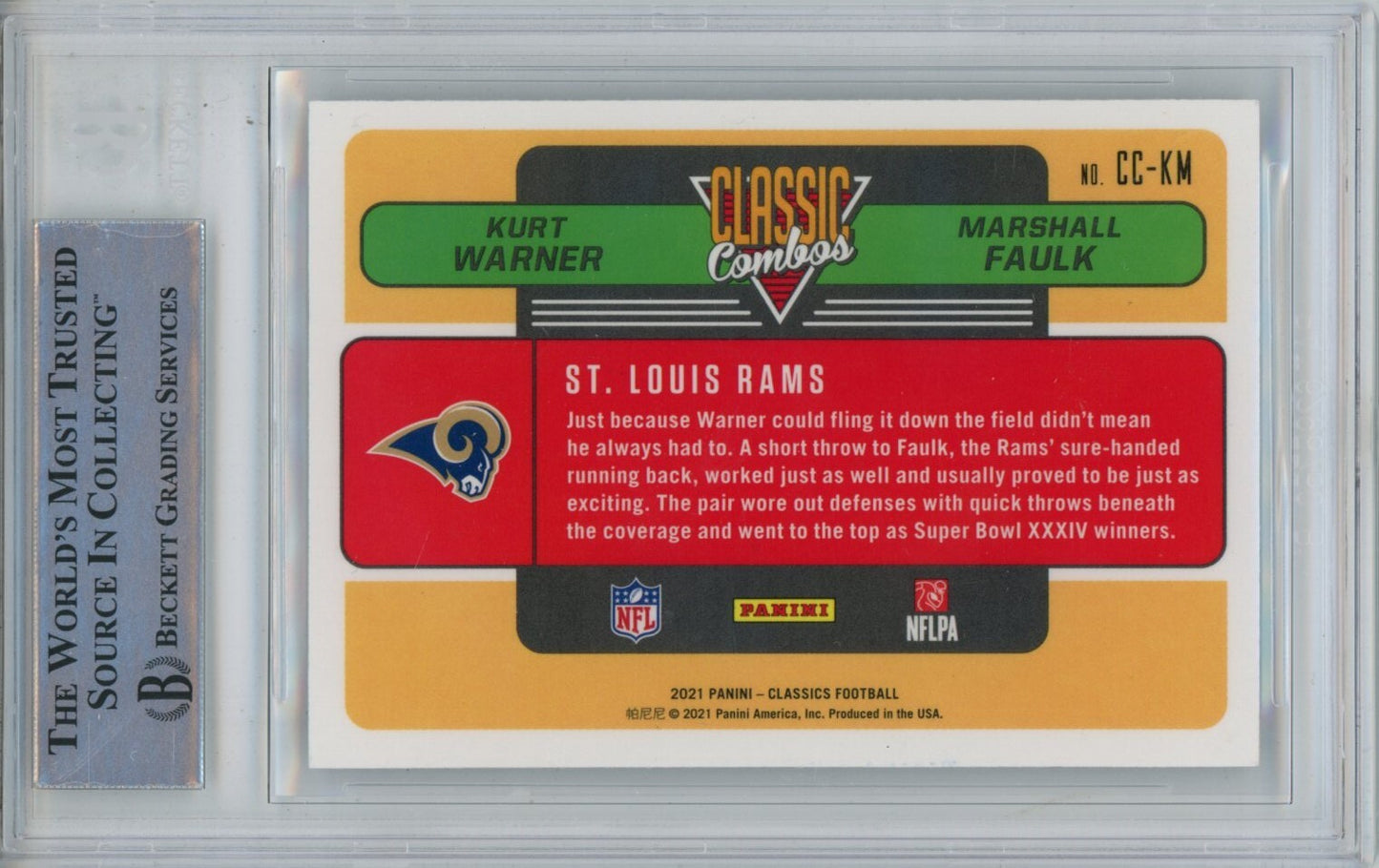 Marshall Faulk & Kurt Warner Dual Signed 2021 Panini Classics Trading Card
