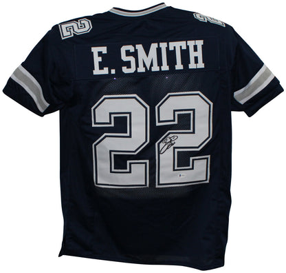 Emmitt Smith Autographed Pro Style Custom Blue Football Jersey (BAS Witnessed)