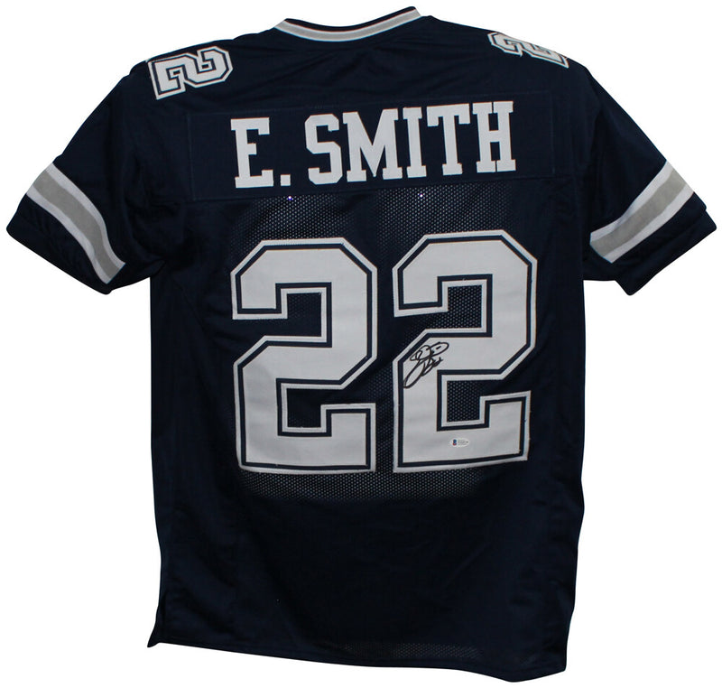 Emmitt Smith Autographed Pro Style Custom Blue Football Jersey (BAS Witnessed)
