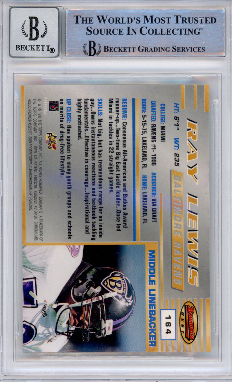 Ray Lewis Signed 1996 Bowman's Best Card #164 BAS Grade 10 Slab