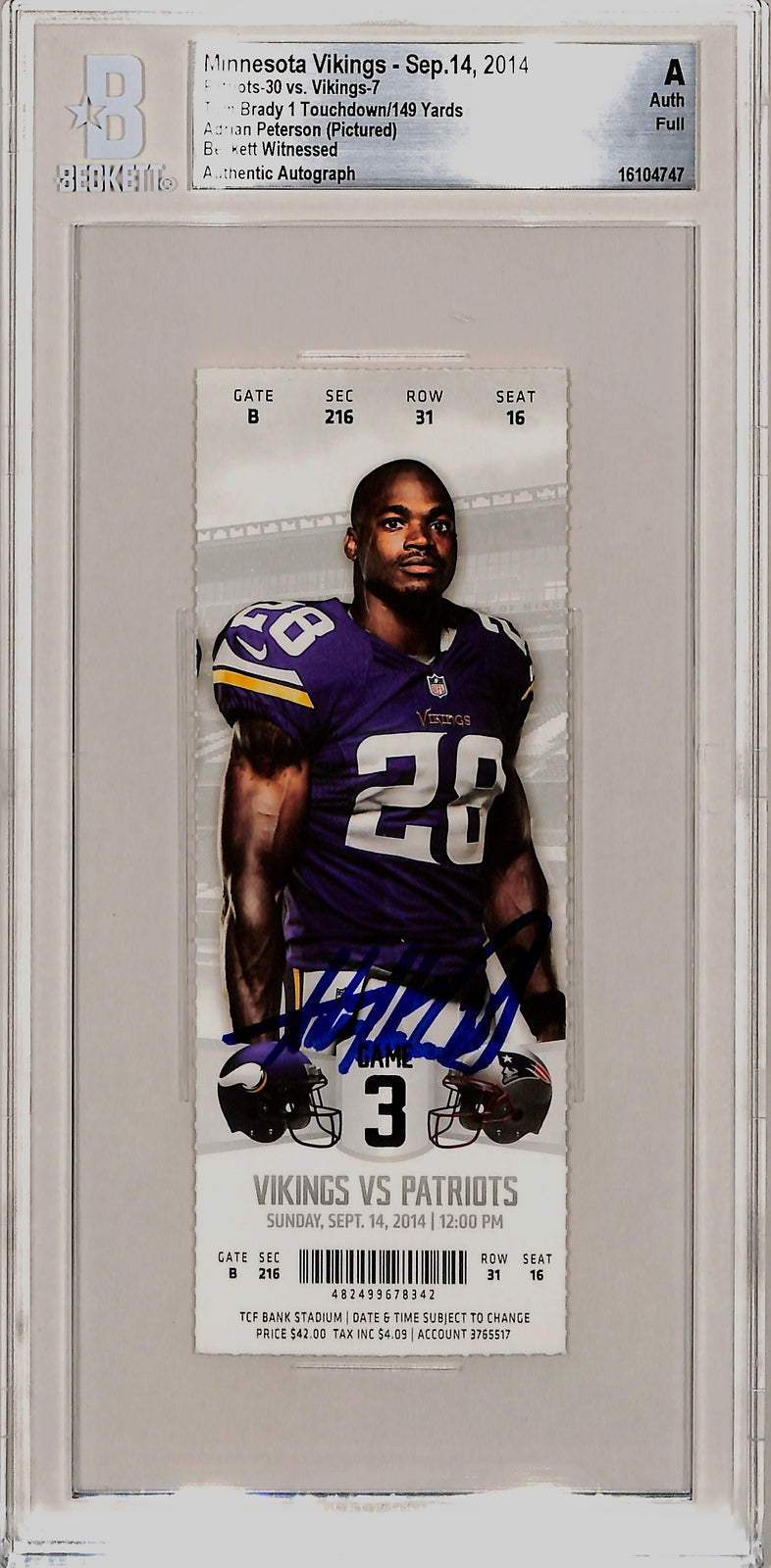 Adrian Peterson Signed Minnesota Vikings Slabbed Ticket Stub (09/14/14)