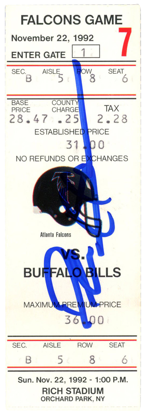 Deion Sanders Signed Atlanta Falcons 11/22/1992 Ticket Stub (Beckett)
