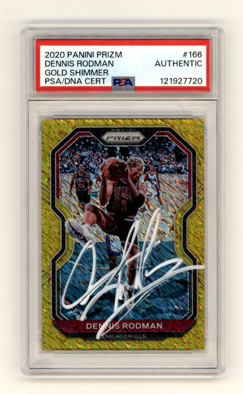 Dennis Rodman Signed 2020-21 Panini Prizm Gold Shimmer Card #2/10 PSA