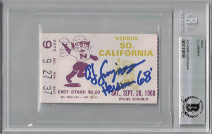 O.J. Simpson USC Trojans Signed 1968 Northwestern Game Ticket (BAS Slabbed)