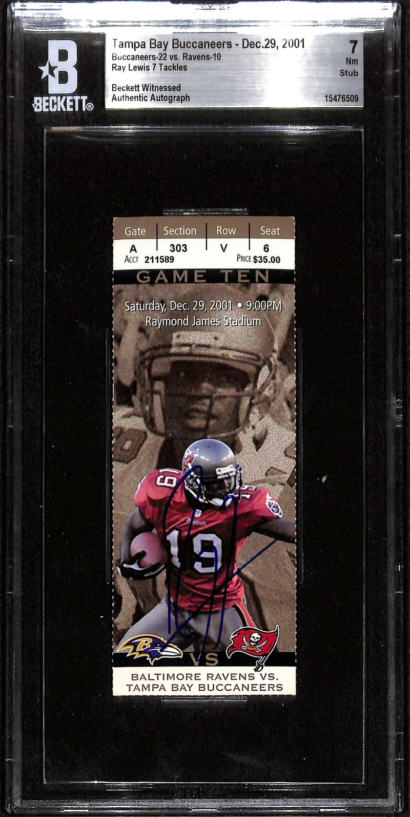 Ray Lewis Signed Baltimore Ravens 12/29/01 Ticket Stub Beckett Grade 7