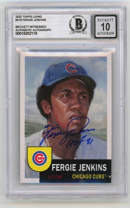 Fergie Jenkins Signed 2022 Topps Living #519 Card (BGS 10 Auto) Cubs HOF 91