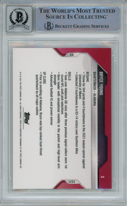 Bryce Young Signed 2021 Bowman Next #3 Trading Card Beckett BAS Auto 10