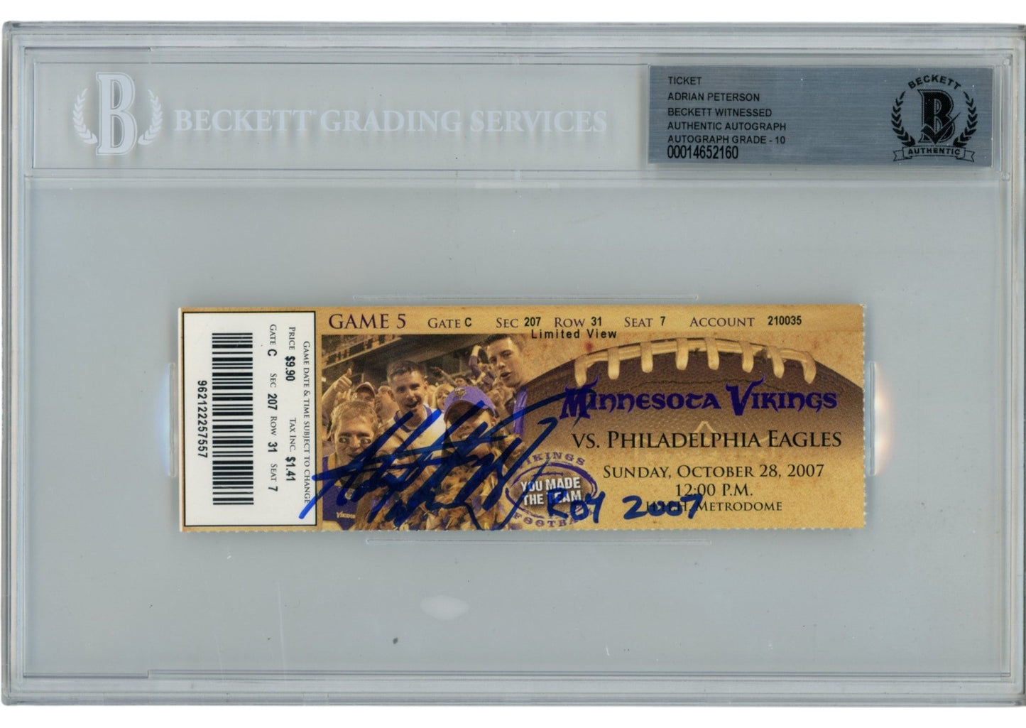 Adrian Peterson Autographed Minnesota Vikings Slabbed Ticket Stub (2007 ROY)