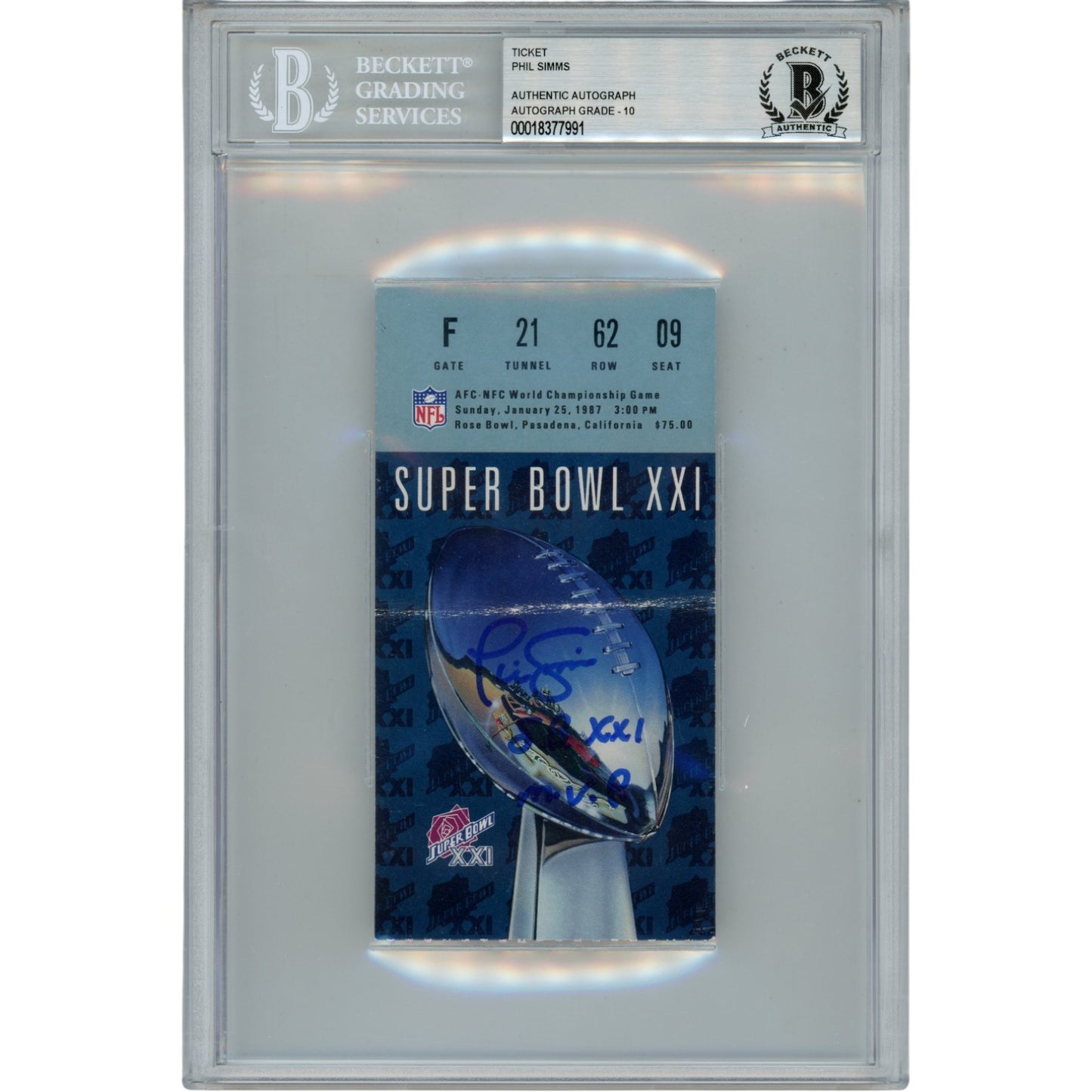 Phil Simms Autographed New York Giants Super Bowl XXI Ticket Stub SB MVP Slab