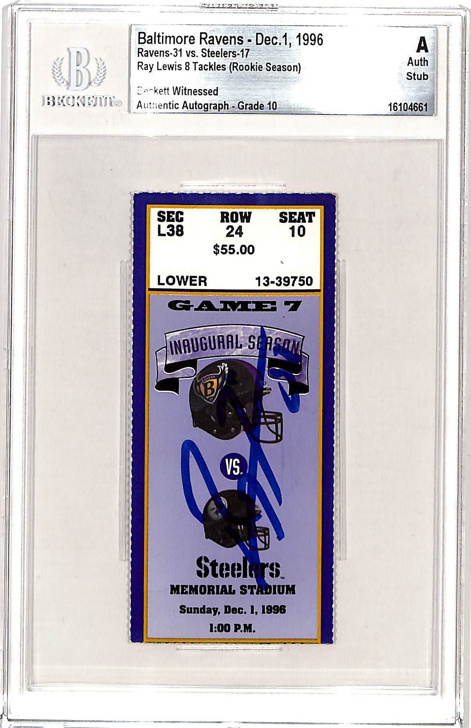 Ray Lewis Signed Baltimore Ravens 12/01/96 Ticket Stub Beckett Slabbed