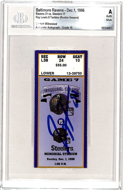 Ray Lewis Signed Baltimore Ravens 12/01/96 Ticket Stub Beckett Slabbed