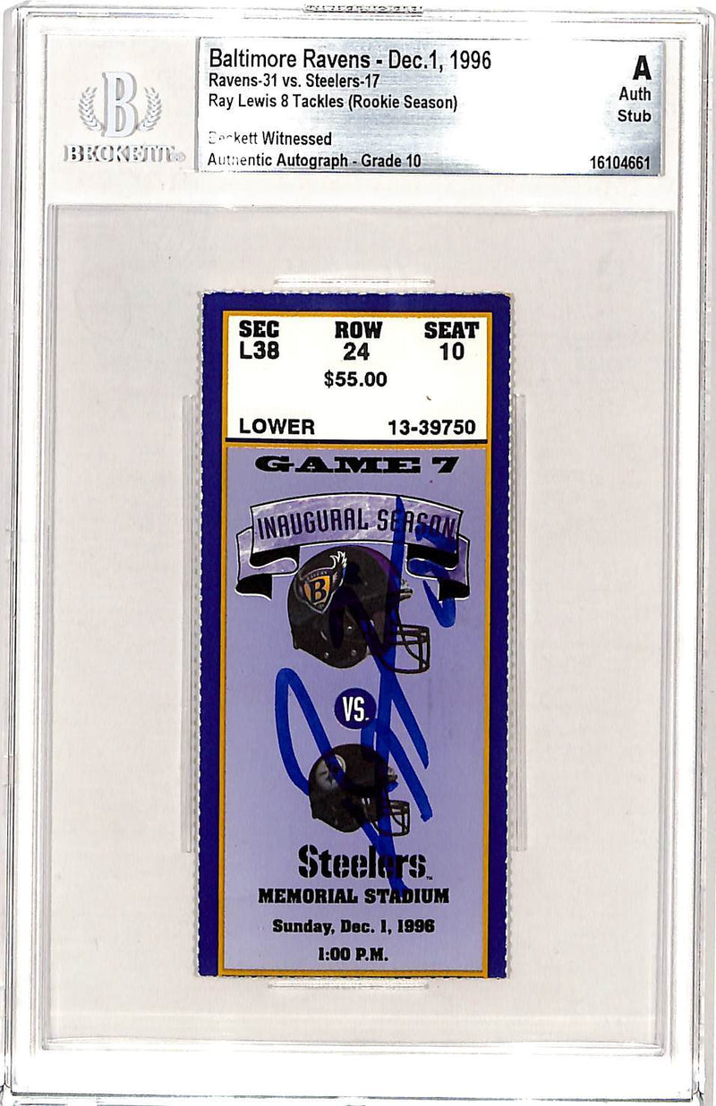 Ray Lewis Signed Baltimore Ravens 12/01/96 Ticket Stub Beckett Slabbed