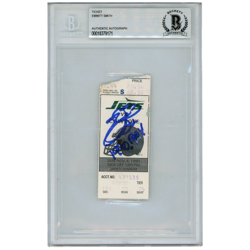 Emmitt Smith Signed Dallas Cowboys Slabbed Ticket Stub (1990 ROY Inscription)
