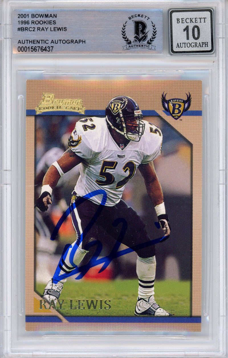 Ray Lewis Autographed 2001 Bowman #BRC2 Card - BAS Grade 10 Slabbed