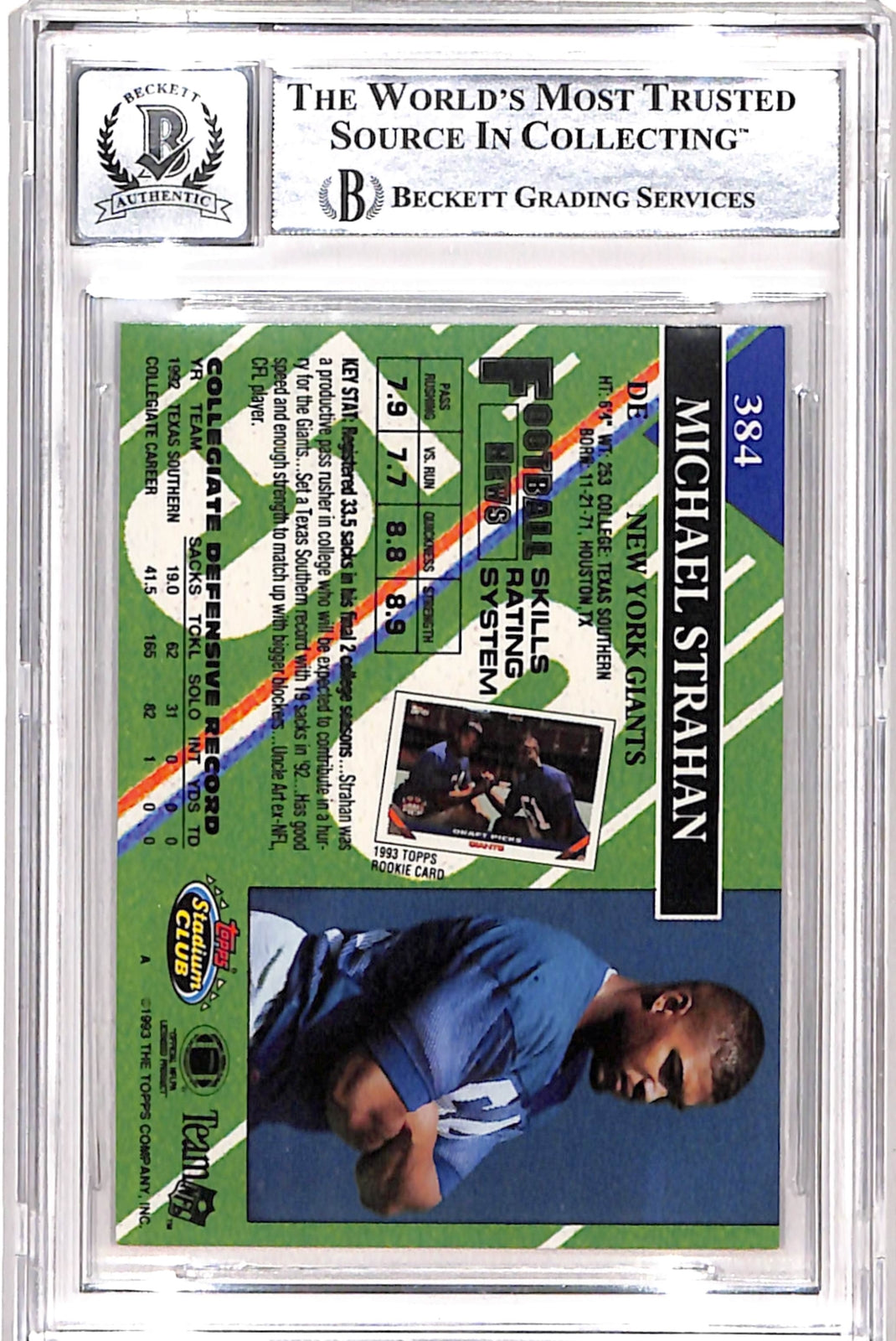 Michael Strahan Signed 1993 Stadium Club #384b Card - Beckett 10 Auto