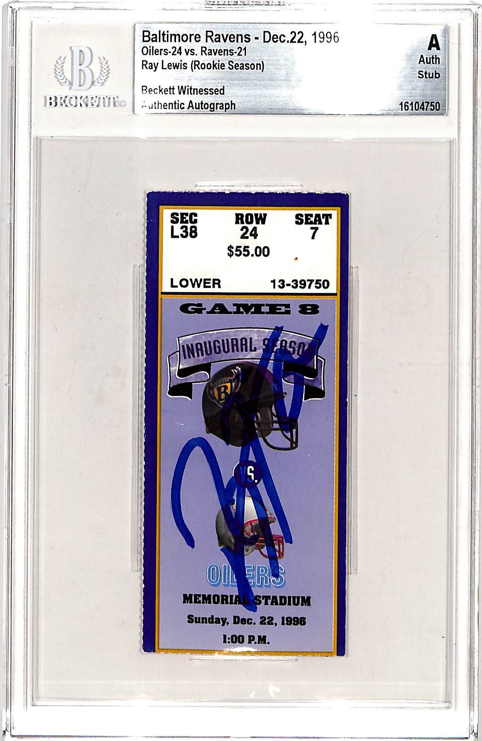 Ray Lewis Signed Baltimore Ravens 12/22/96 Ticket Stub (Beckett Slab)