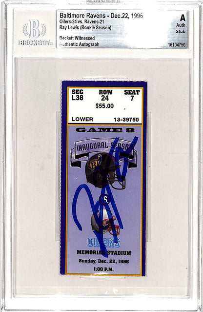 Ray Lewis Signed Baltimore Ravens 12/22/96 Ticket Stub (Beckett Slab)